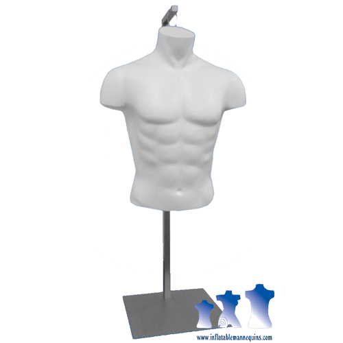 Deluxe Male Torso FormHard Plastic Male Fullround Torso, White, w/ Hanging Loop and Accompanying Stand